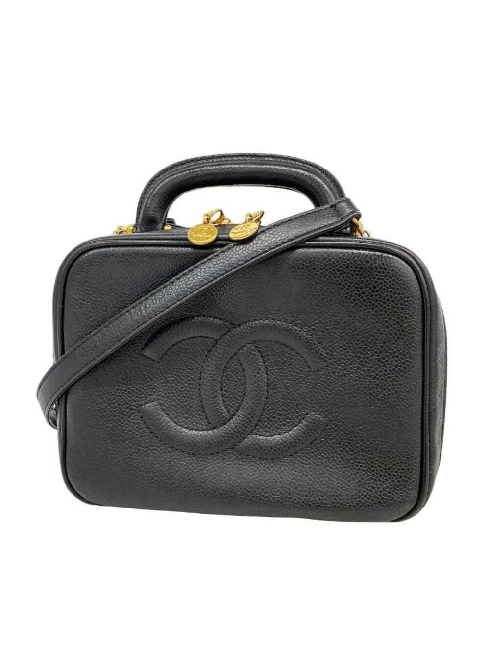 Chanel Handbag Caviar Leather Black Gold 2-Way Bag